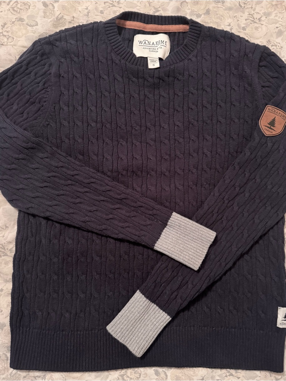 Cotton navy blue cabled long sleeve sweater